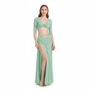 Women's Belly Dance Practice Set V-Neck Half-Sleeve Top and Long Split Skirt 2-Piece