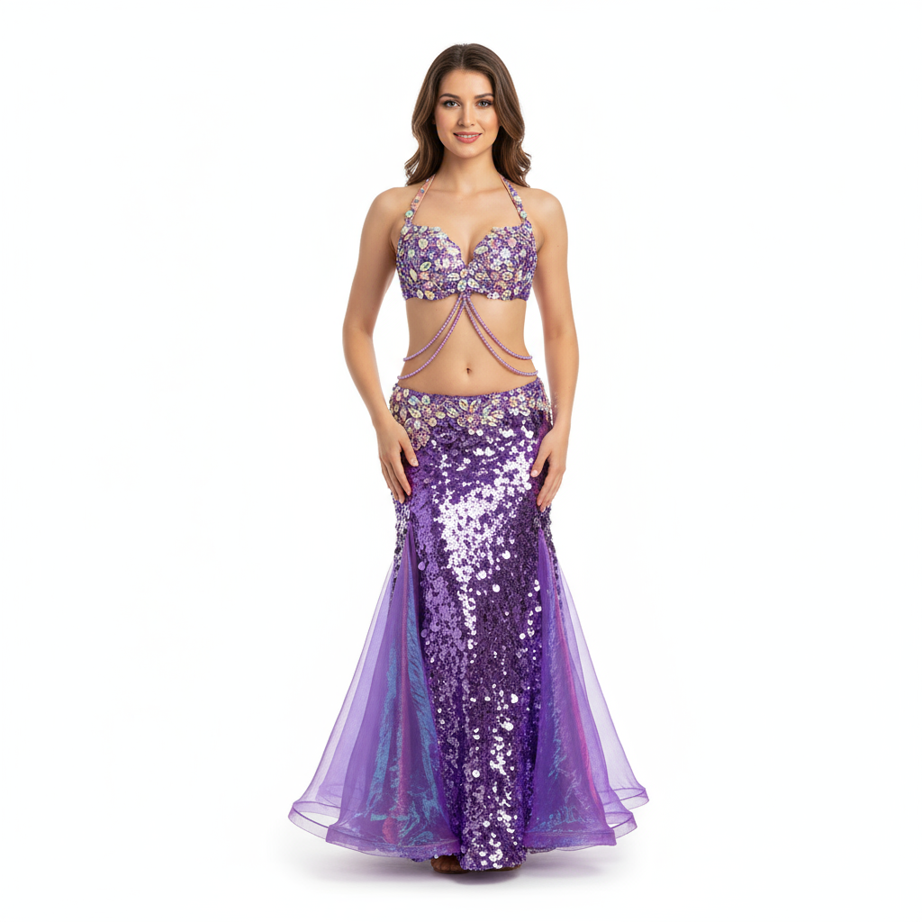 Adult Women's Belly Dance 2-Piece Costume With Rhinestone Bra And Sequin Fishtail Skirt For Competition