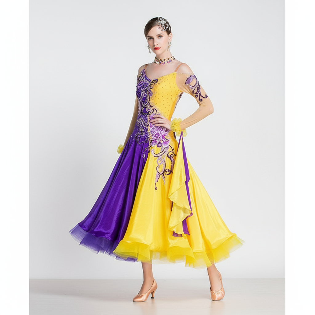 Women's Ballroom Dance Dress With Mosaic Applique And Pearl Details Silk Yellow And Purple For Competition