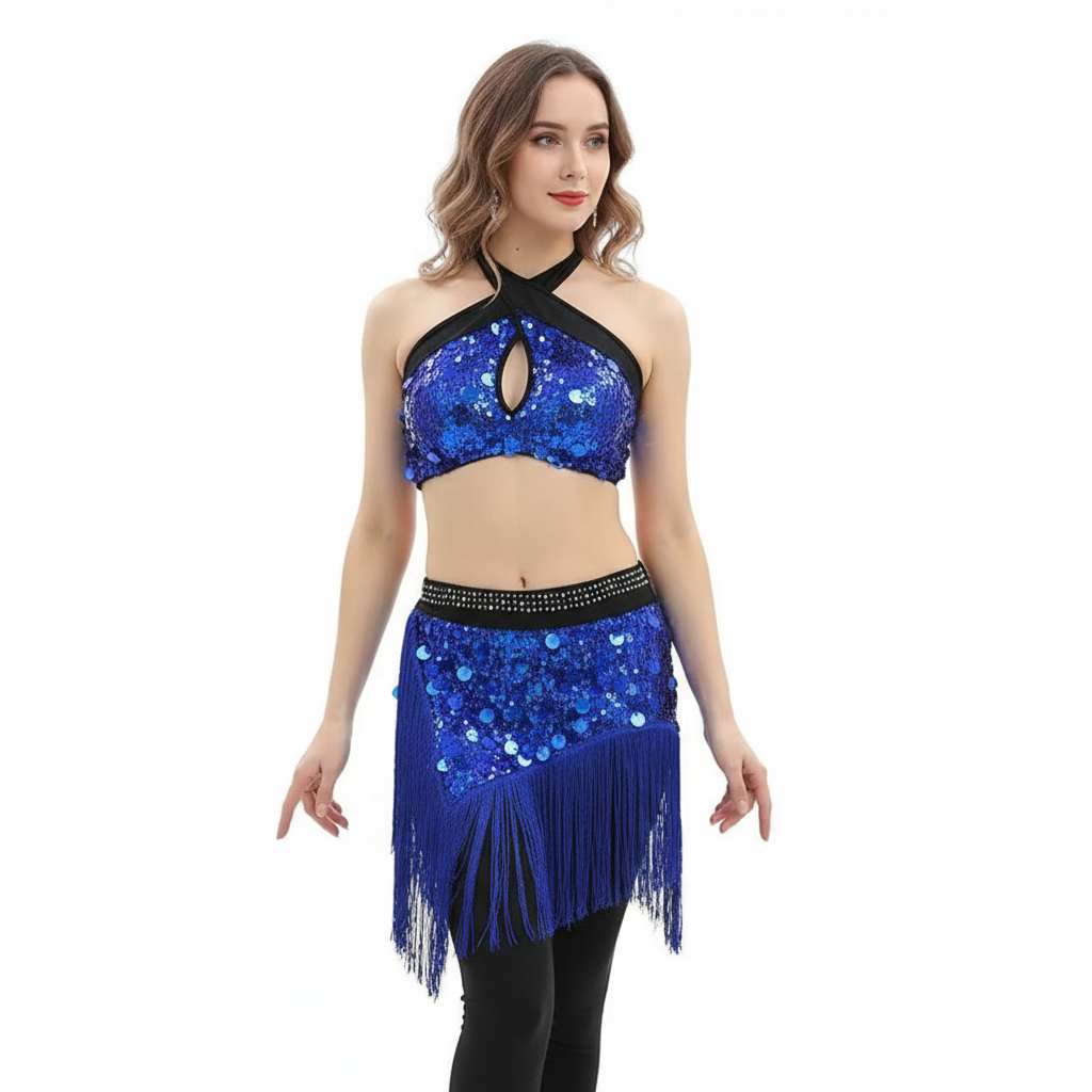 Belly Dance Costume Set 2-Piece Sleeveless Top With Sequin Fringe Pants For Women And Girls Practice
