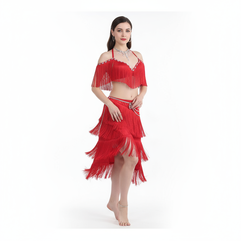 Women's Adult Belly Dance Costume Set With Tassel Bra, Rhinestone Belt And Skirt For Performance