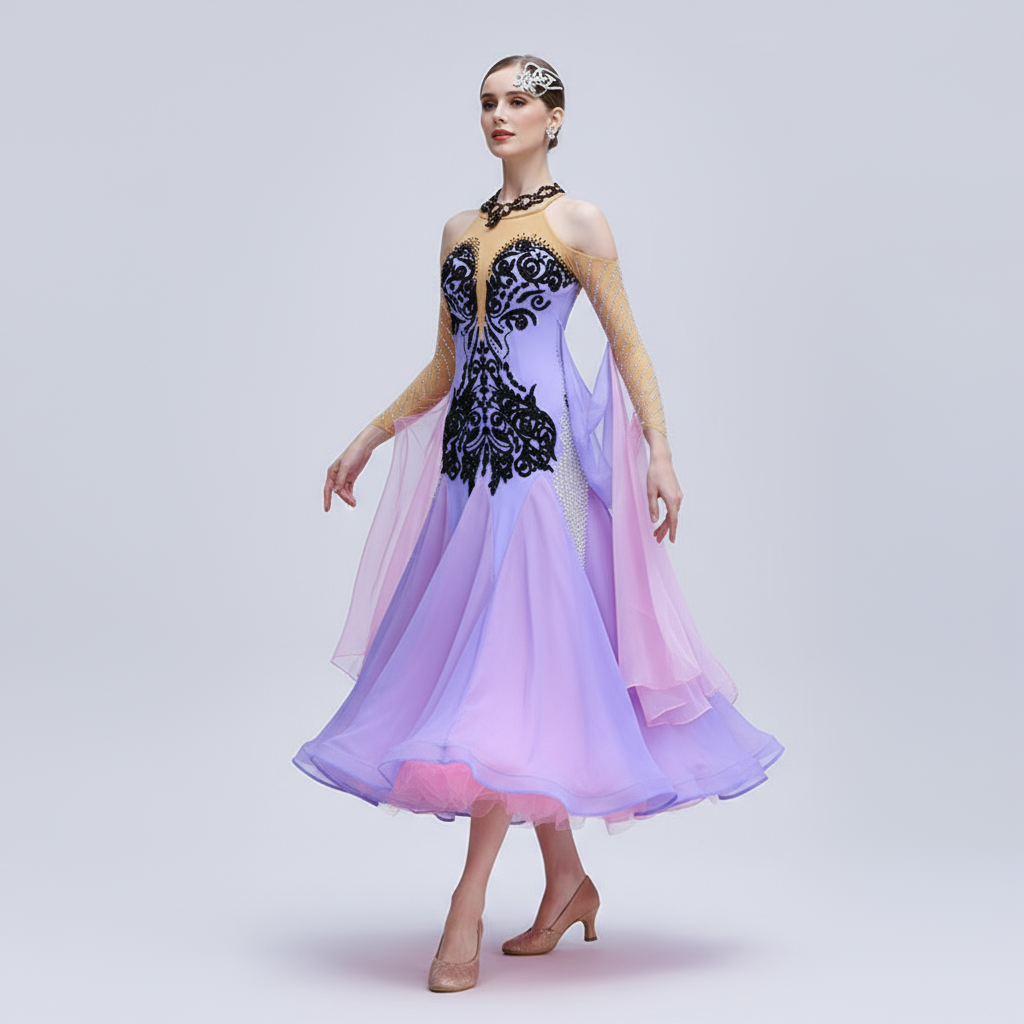 Women's International Standard Ballroom Dance Dress With Rhinestones In Chiffon For Performance