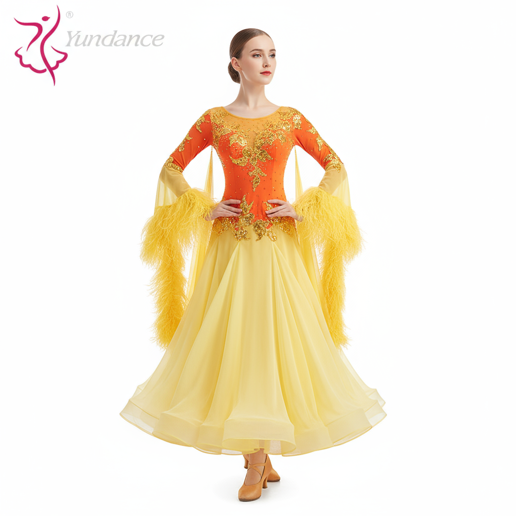 Women's International Standard Ballroom Dance Dress With Ostrich Feathers In Chiffon For Competition