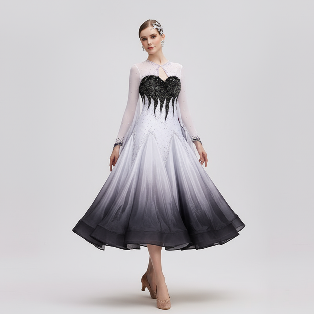 Ballroom Dance Dress International Standard Silk Black White Ombre Pearl-Embellished For Women's Competition