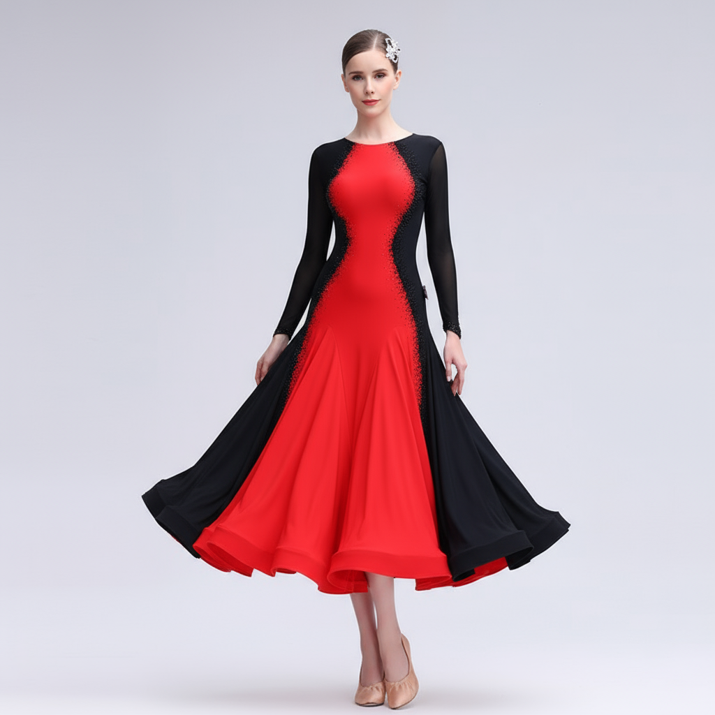 Women's International Standard Ballroom Dance Practice Dress Black and Red For Training