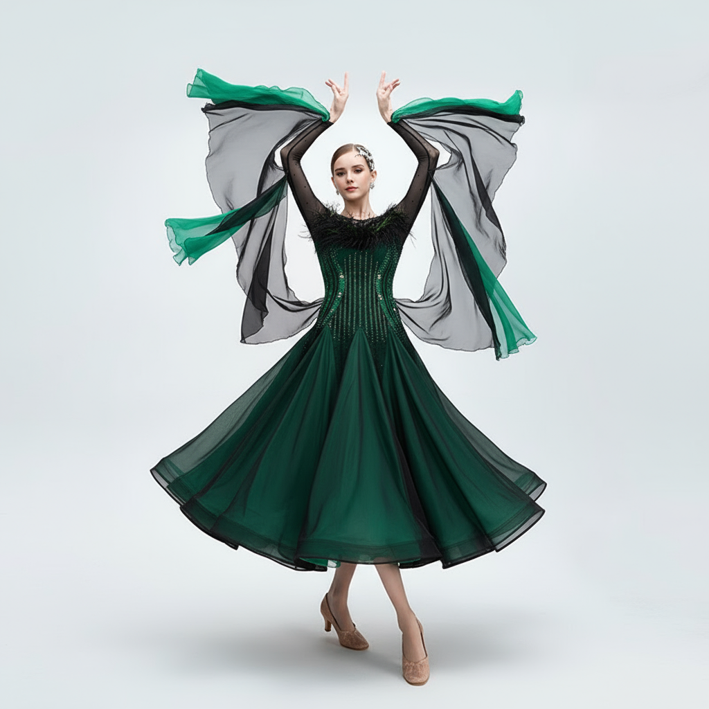 Women's Long Standard Ballroom Dance Dress In Chiffon With Rhinestones For Competition