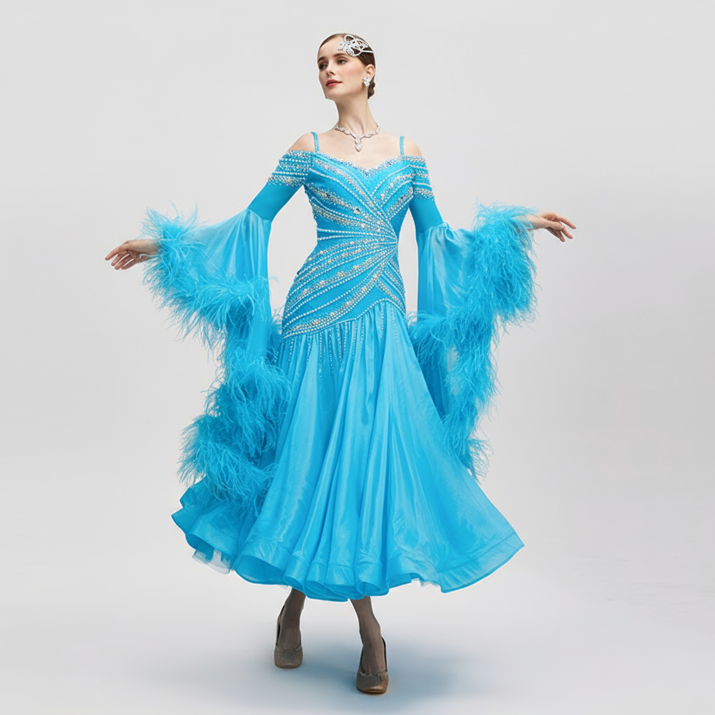 Women's Long Standard Ballroom Dance Dress With Rhinestones Satin Chiffon Blue For Competition