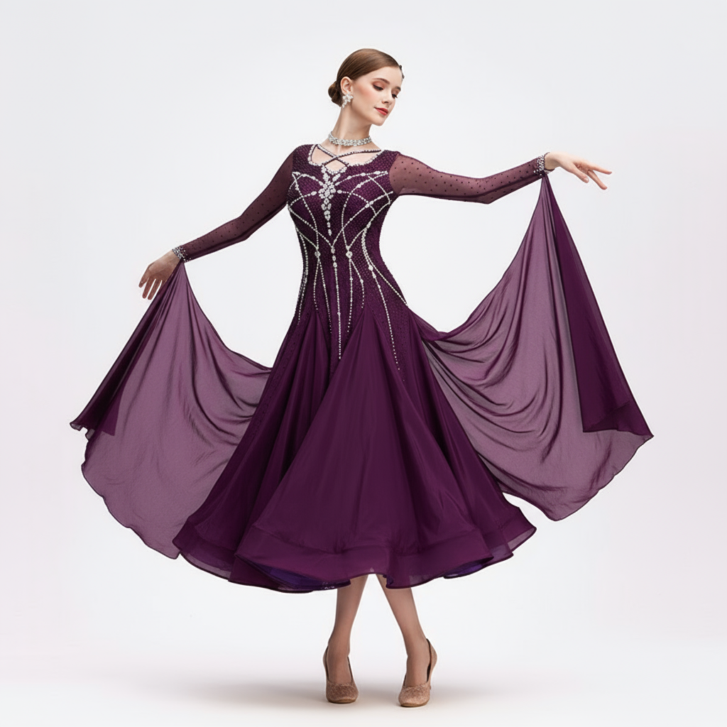 Women's Long Standard Ballroom Dance Dress With Rhinestones Satin Chiffon Purple For Performance