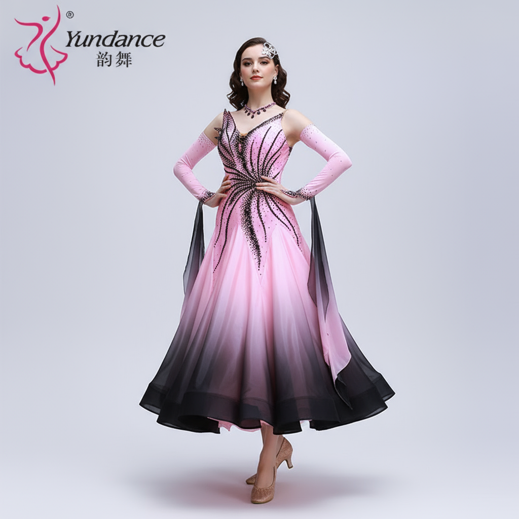 Women's Custom Standard Ballroom Dance Dress With Ombre Silk And Pearl Embellishments For Competition