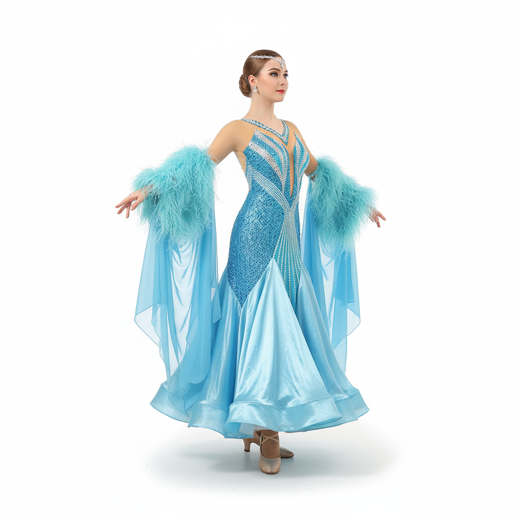 Women's Custom Ballroom Dance Competition Dress With Feather Trim In Stretch Fabric