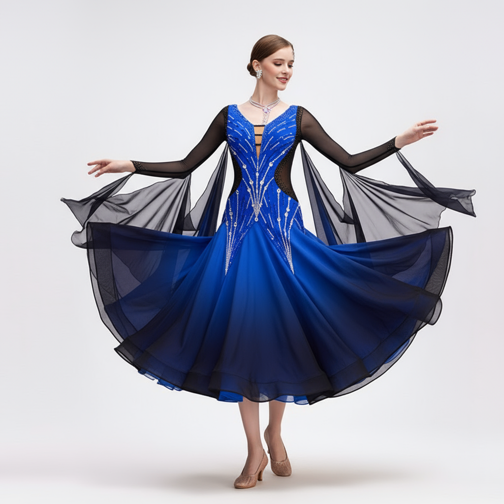 Women's International Standard Ballroom Dance Dress In Black-Blue Ombre Chiffon For Competition