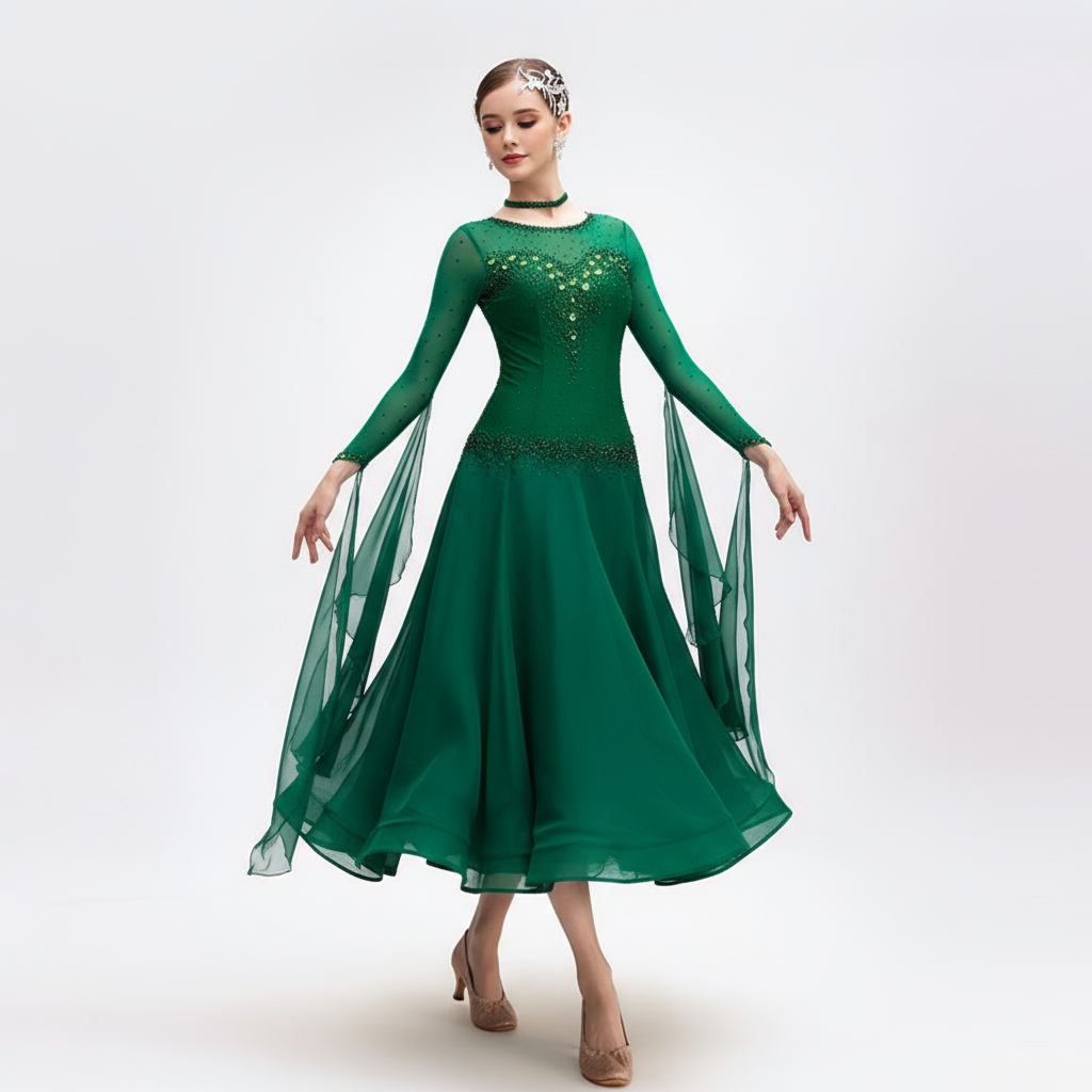 Women's Standard Ballroom Dance Dress Long Chiffon Green For Competition