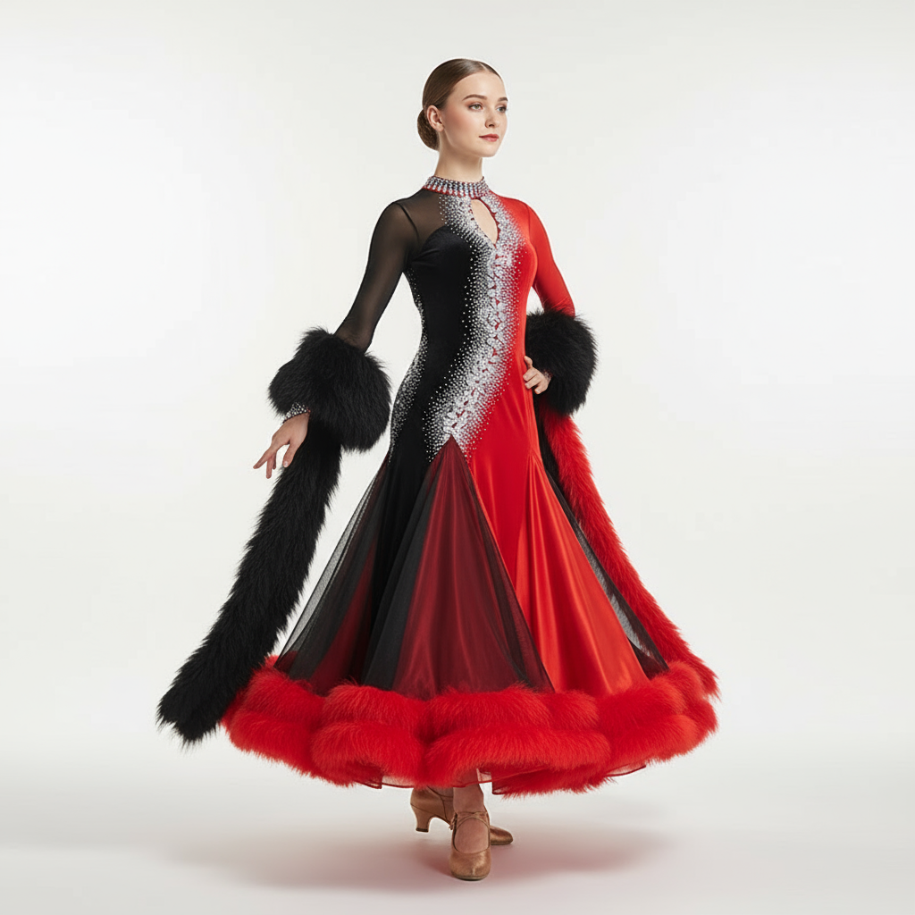 Women's Custom Competition Ballroom Dance Dress With Velvet Fabric For Performance