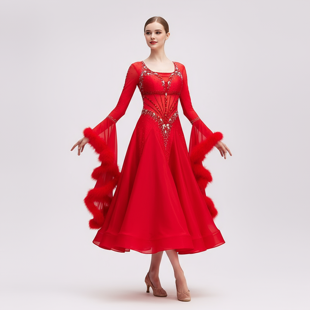 Women's Standard Ballroom Dance Dress Chiffon Red For Stage Performance