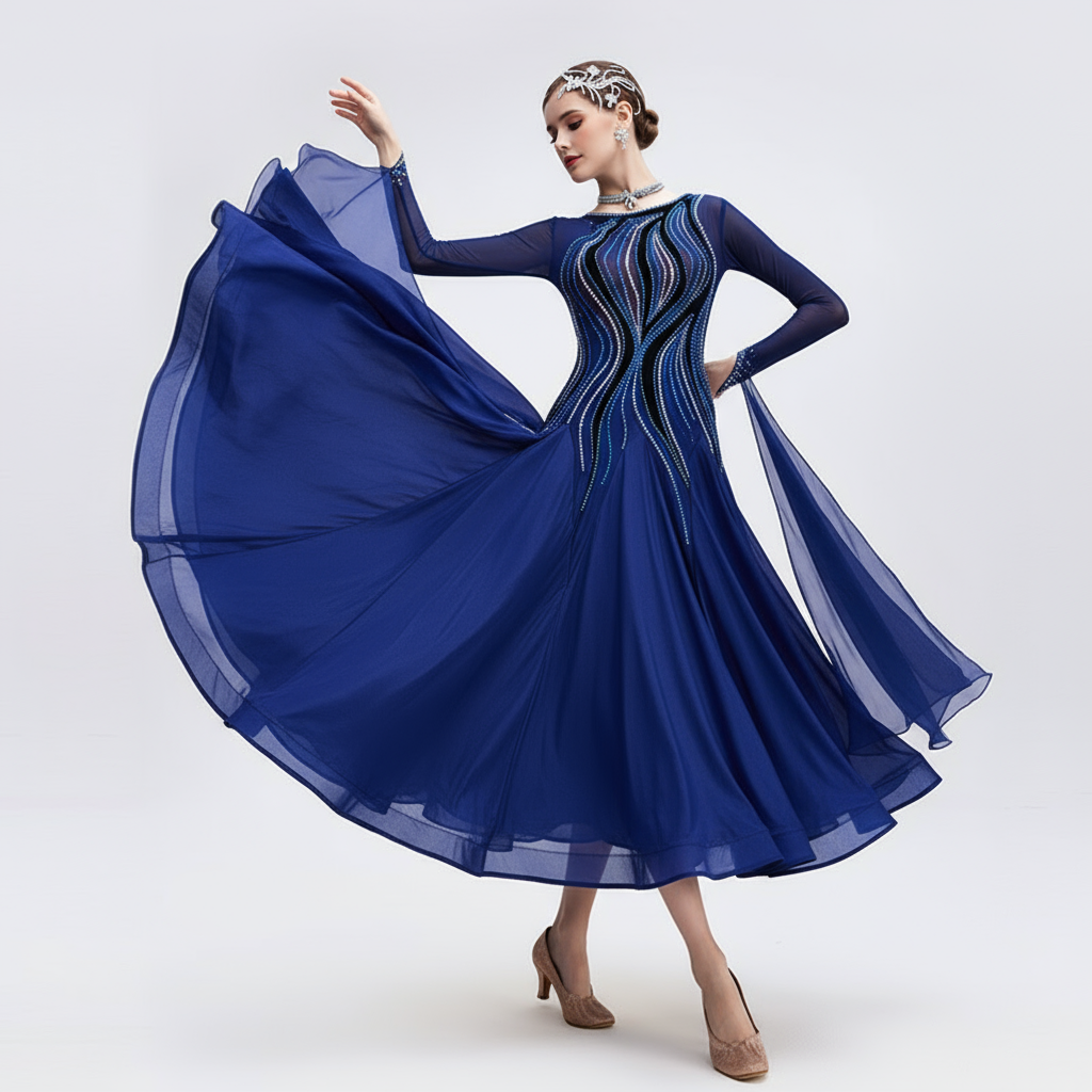 Women's International Standard Ballroom Dance Dress Long Chiffon Navy For Competition