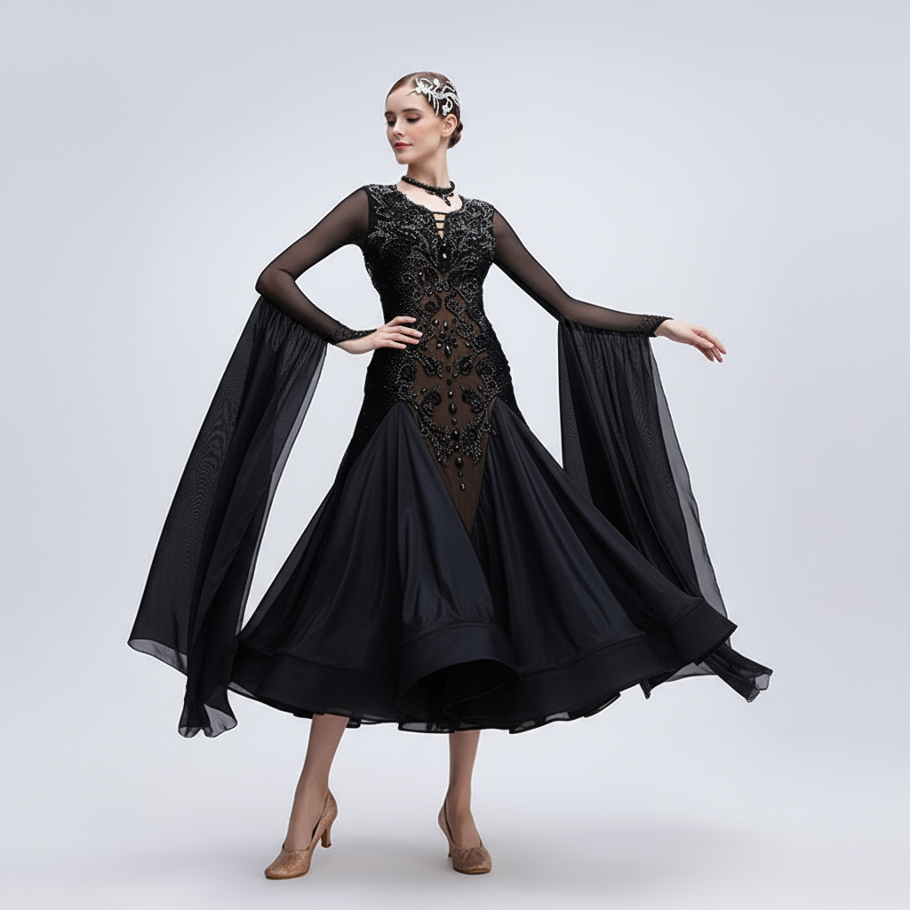Women's Standard Ballroom Dance Dress In Black Satin Chiffon For Stage Performance