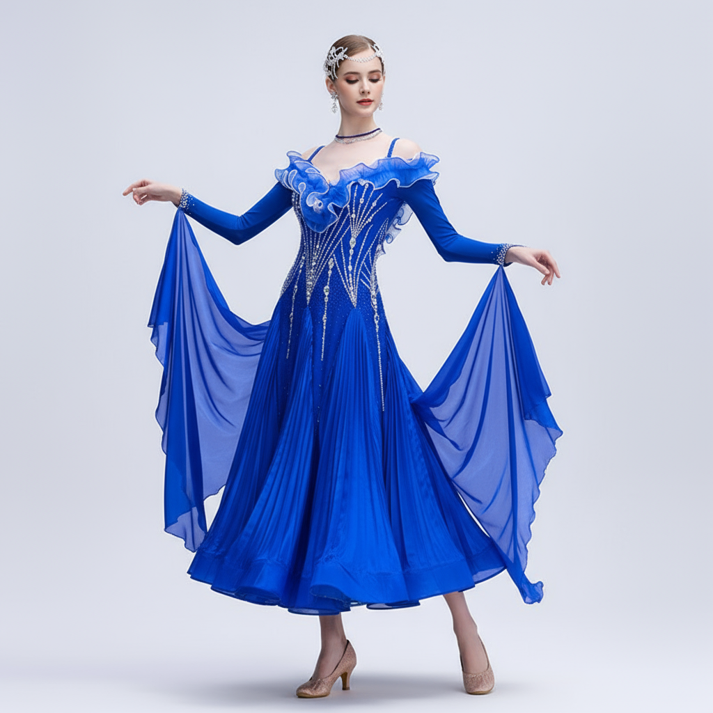 Women's Long Standard Ballroom Dance Dress With Rhinestones In Pleated Fabric For Performance