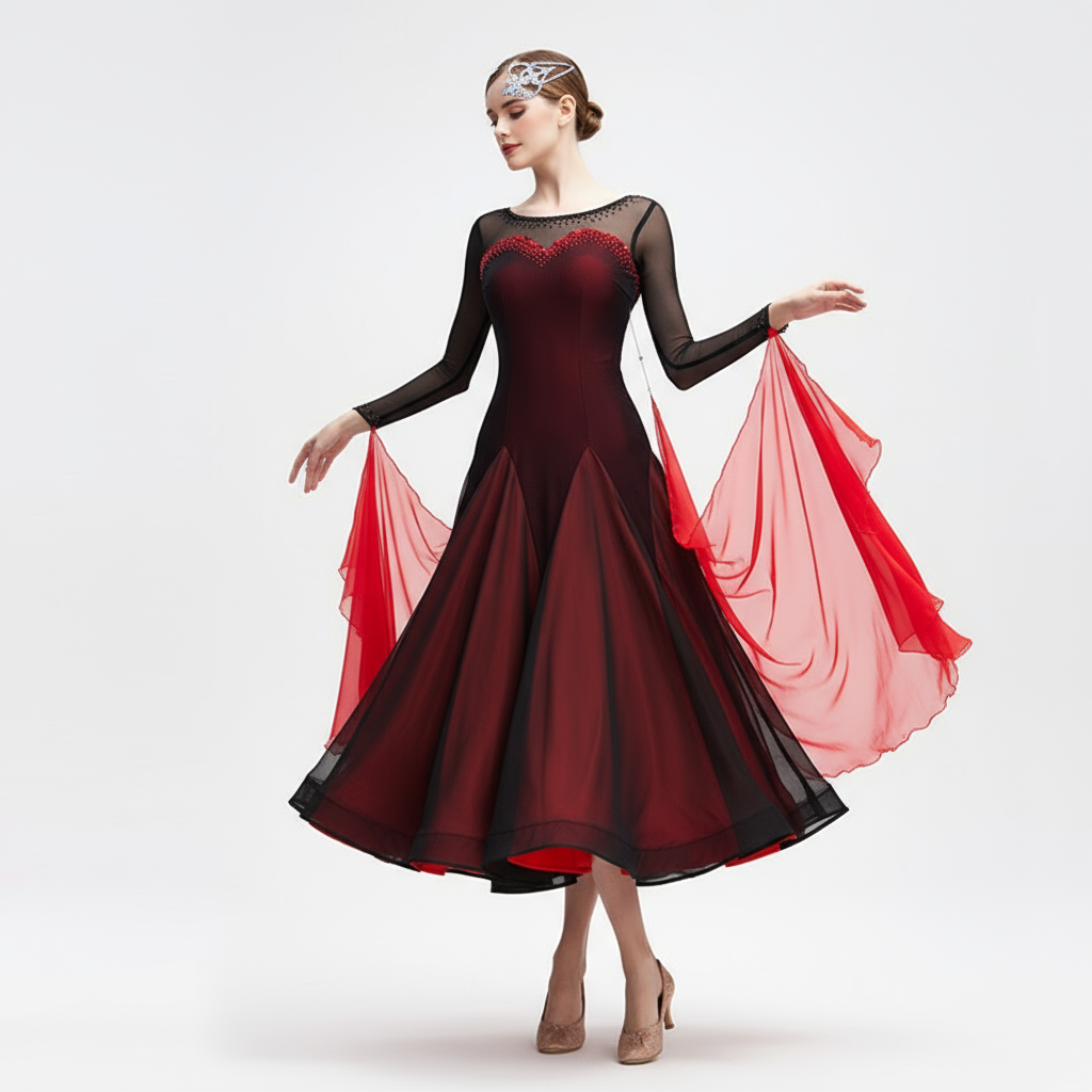 Women's Ballroom Dance Dress International Standard Chiffon Lace Red and Black For Practice