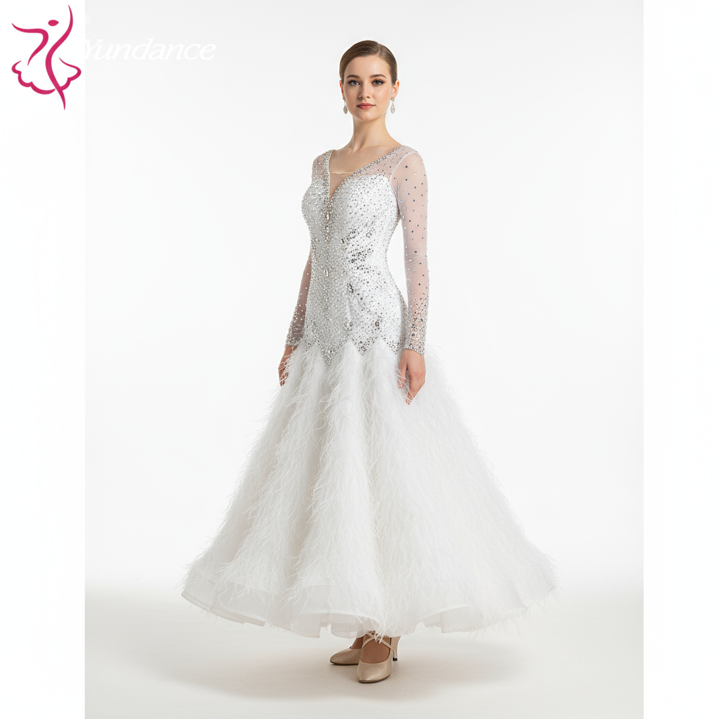 Women's Standard Ballroom Dance Dress In Chiffon With Ostrich Feathers For Competition