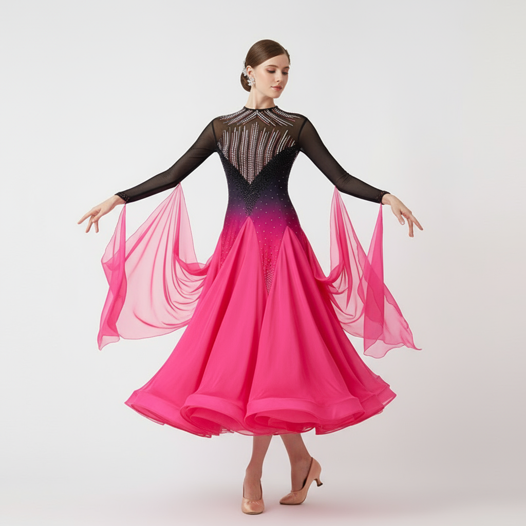 Women's International Standard Ballroom Dance Dress Long Peach Chiffon For Competition