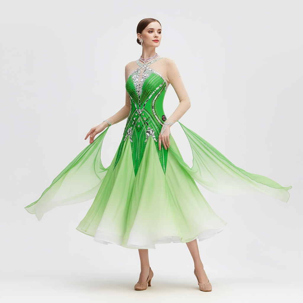 Women's Ballroom Dance Dress International Standard Chiffon White-Green Ombre For Adult Stage Performance
