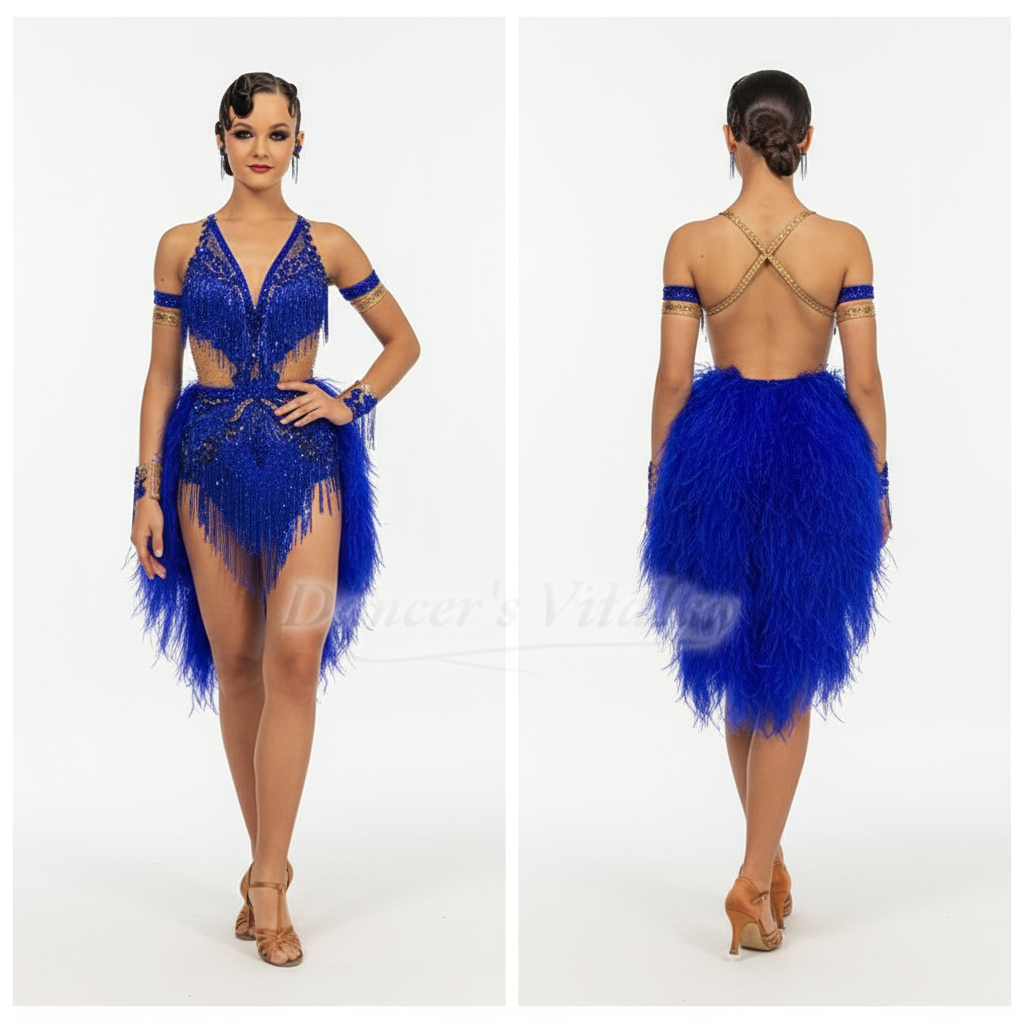 Women's Latin Dance Dress With Ostrich Feather Fringe Sleeveless Blue For Performance And Competition