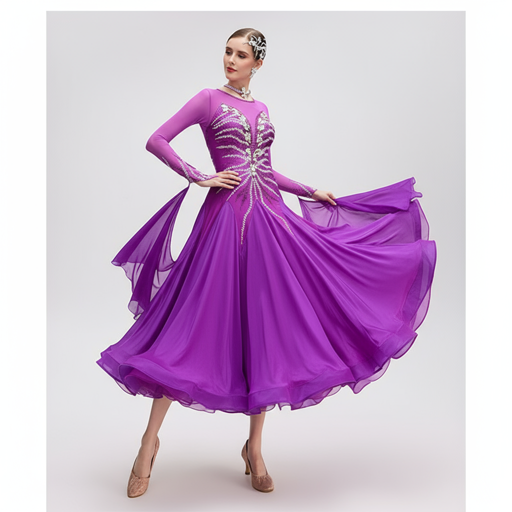 Women's International Standard Ballroom Dance Dress Purple Chiffon For Competition