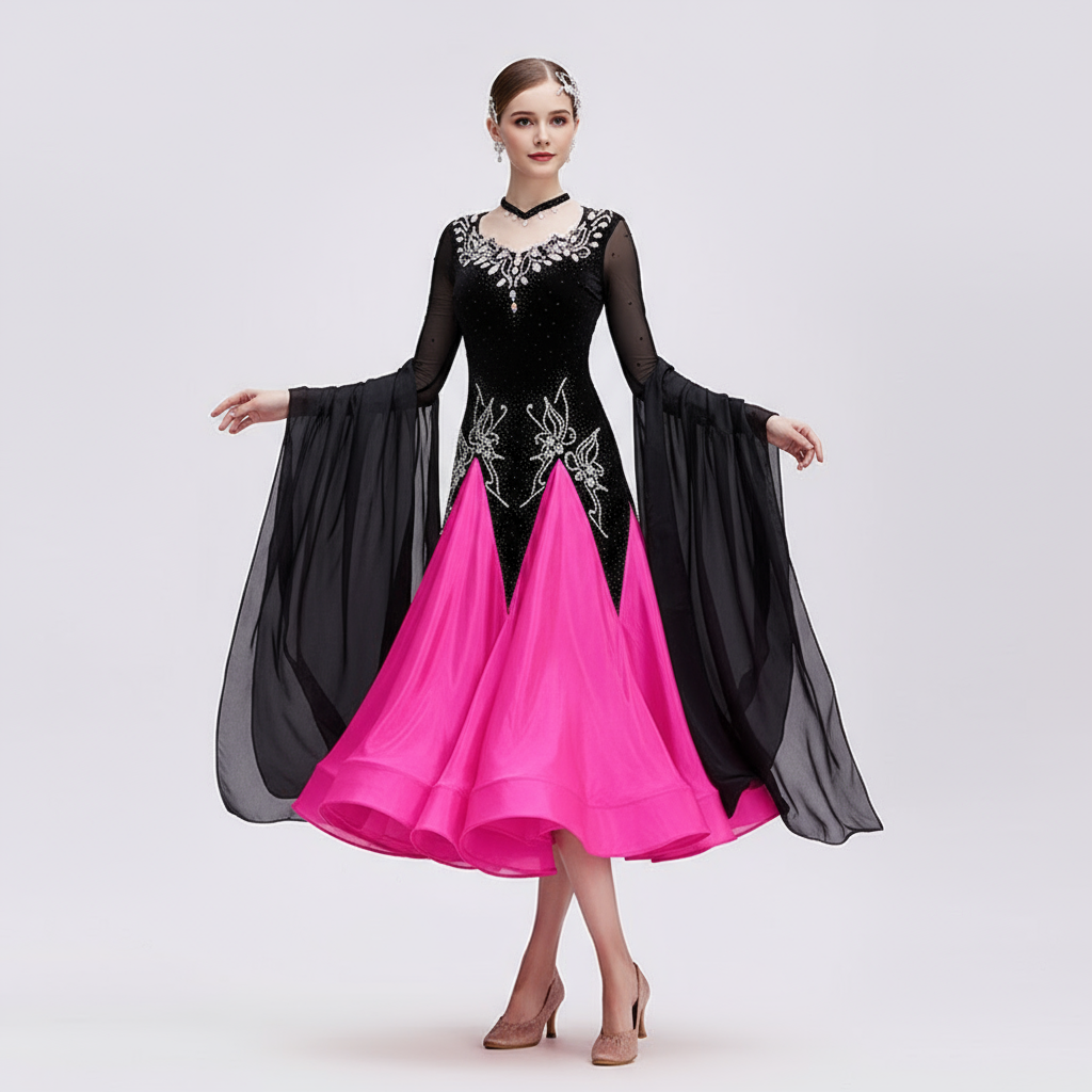 Girls' Standard Ballroom Dance Dress With Full Circle Skirt For Competition