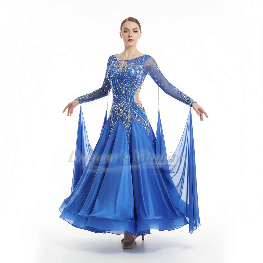 Blue Long Sleeve Waltz Professional Big Swing Dresses Customized Adult Ballroom Dance Foxtrot Tango Contest Attire