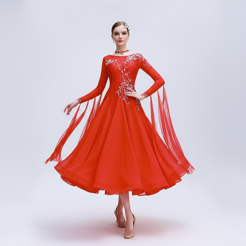 Women's Standard Ballroom Dance Dress With Rhinestones In Coffee Chiffon For Competition