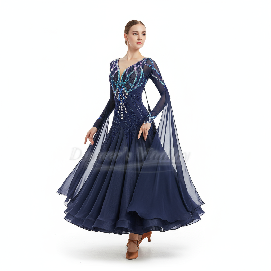 Social Dance Dark Blue Long Sleeves Professional Modern Big Swing Dresses Customized Adult Waltz Foxtrot Tango Contest Clothing