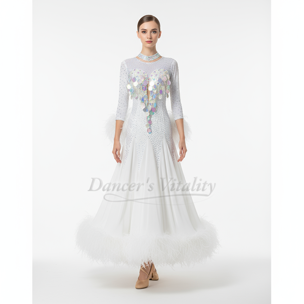 Standard Ballroom Dance Dress With Ostrich Feather Hem Full Swing Skirt White For Adult & Kids Performance