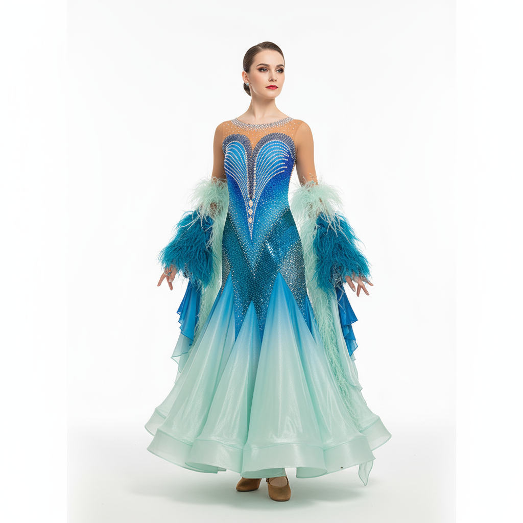 Women's Competition Ballroom Dance Dress With Feather Trim For Performance