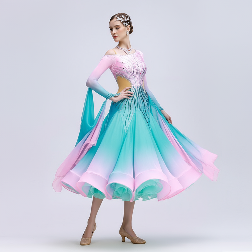 Women's International Standard Ballroom Dance Dress With Ombre Chiffon For Competition