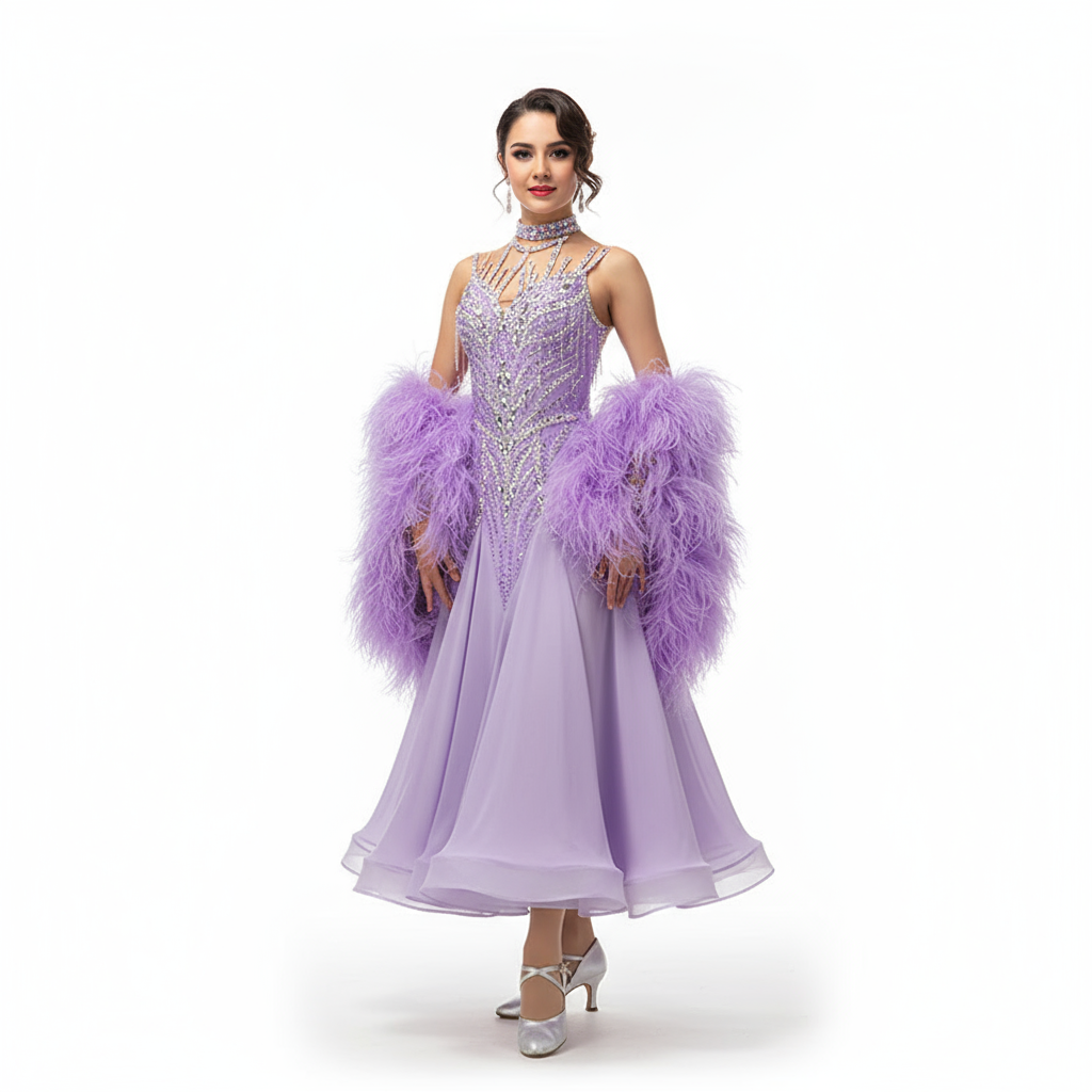 Ballroom Dance Purple Sexy Sleeveless Backless Professional Graceful Dress Dancer's Vitality Adult Foxtrot Feather Style Outfit