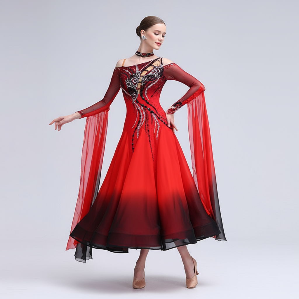 Women's Ballroom Standard Dance Dress Ombre Chiffon Red Black For Performance