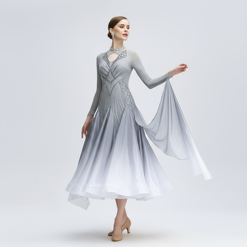 Women's International Standard Ballroom Dance Dress In Ombre Silk With Pearl Embellishments For Competition