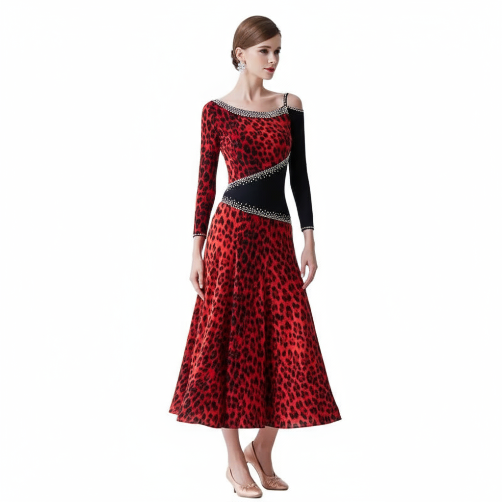 Standard Ballroom Waltz Practice Dress One-Piece Ice Silk Leopard Print For Women