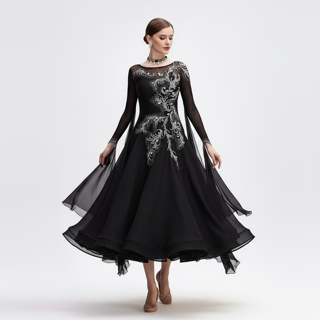 Women's Standard Ballroom Dance Dress Long Black Chiffon For Competition