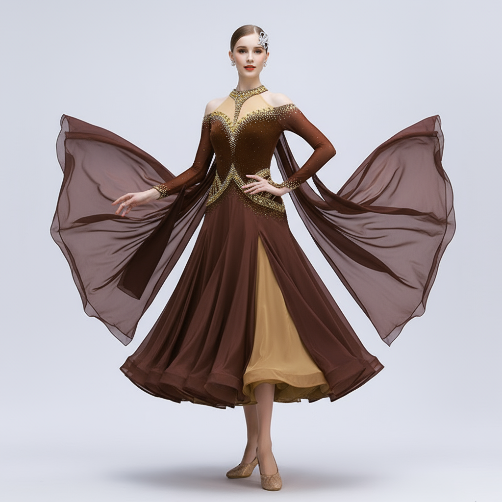 Women's Standard Ballroom Dance Dress With Rhinestones Long Chiffon Coffee For Competition