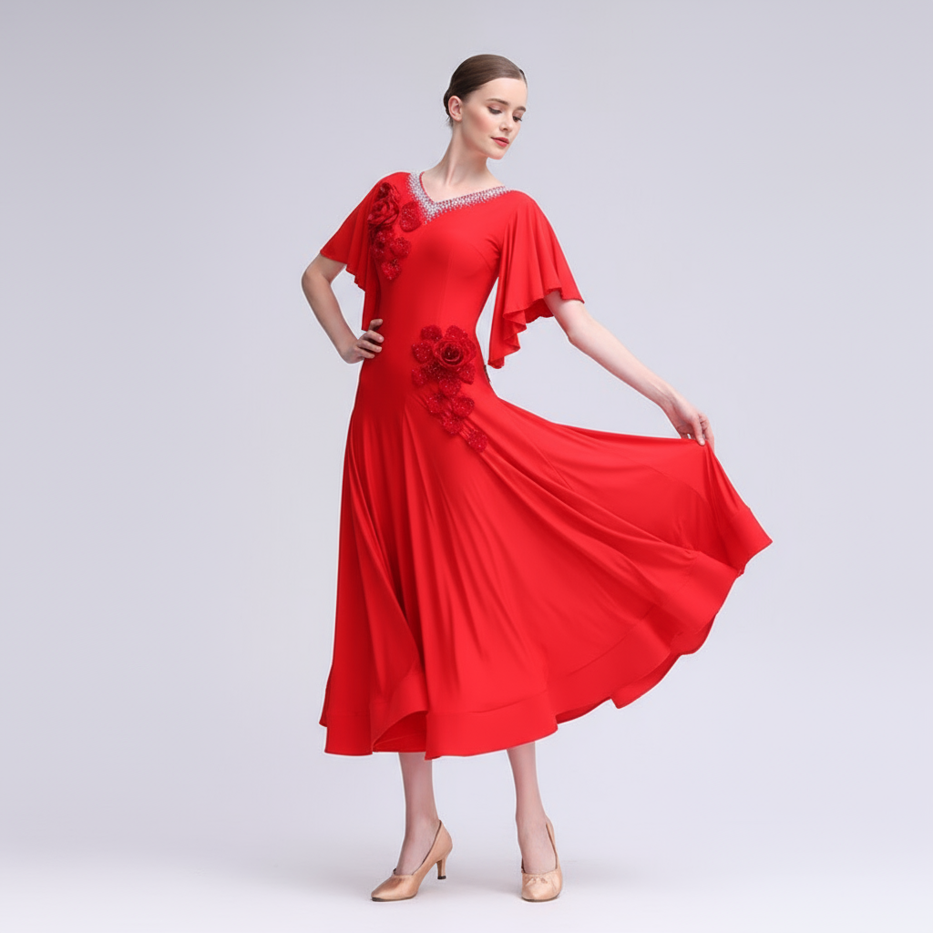 Women's Ballroom Standard Dance Dress Spandex Red For Practice And Training