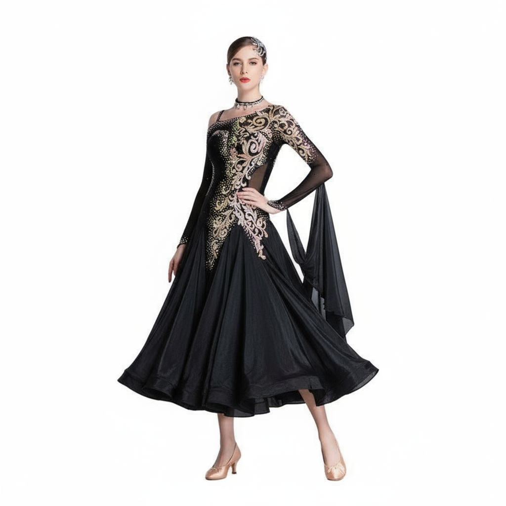 Girls' Long Sleeve Modern Standard Ballroom Dance Dress Custom Size For Performance