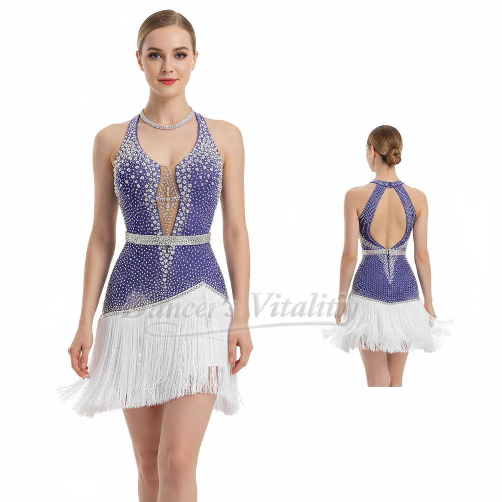 Adult Latin Ballroom Dance Dress With AB Rhinestones And Tassels For Competition
