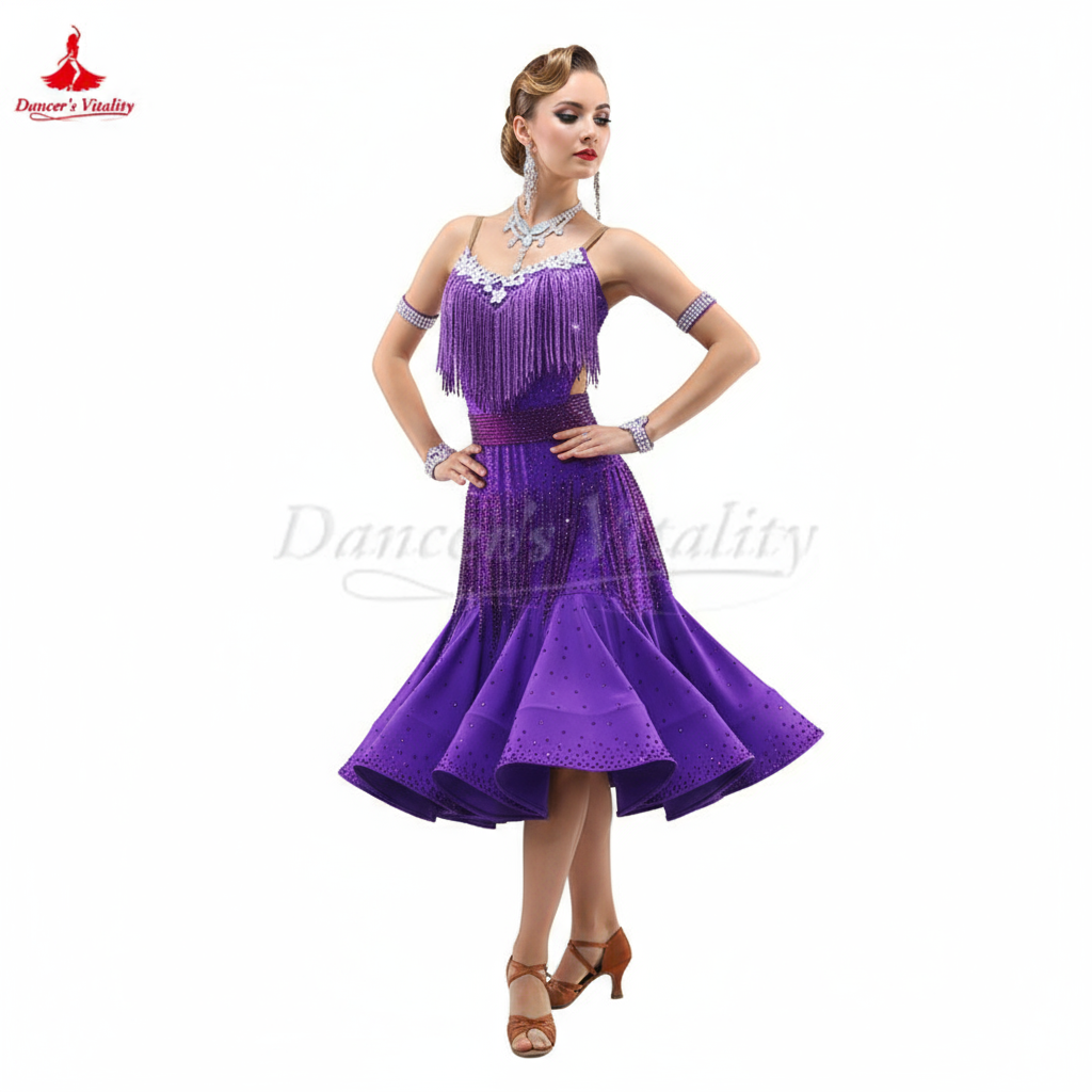 Women's And Girls Custom Latin Ballroom Competition Dance Dress With Fishbone Skirt
