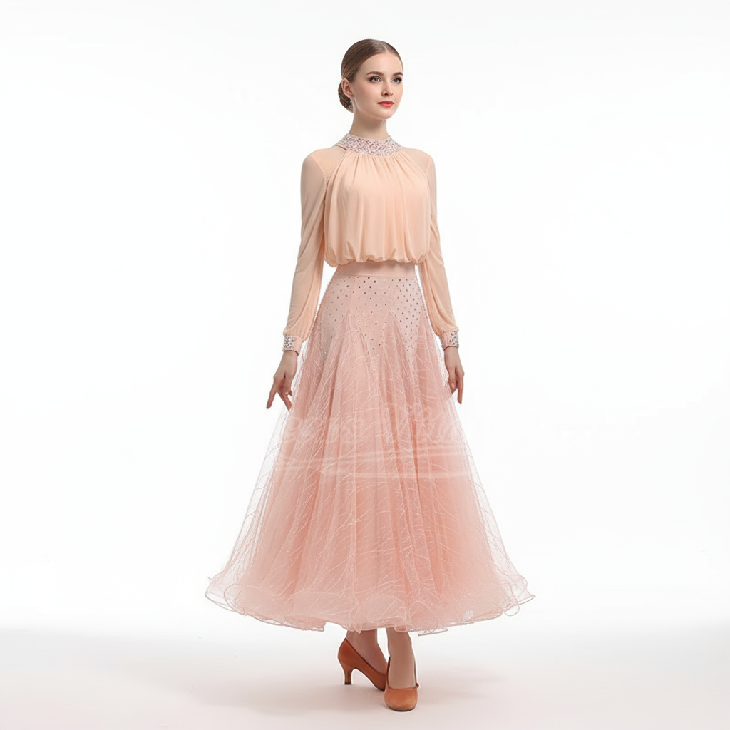 Women's Standard Ballroom Waltz Dance Dress With Long-Sleeve Lace Full Swing Skirt For Performance And Competition