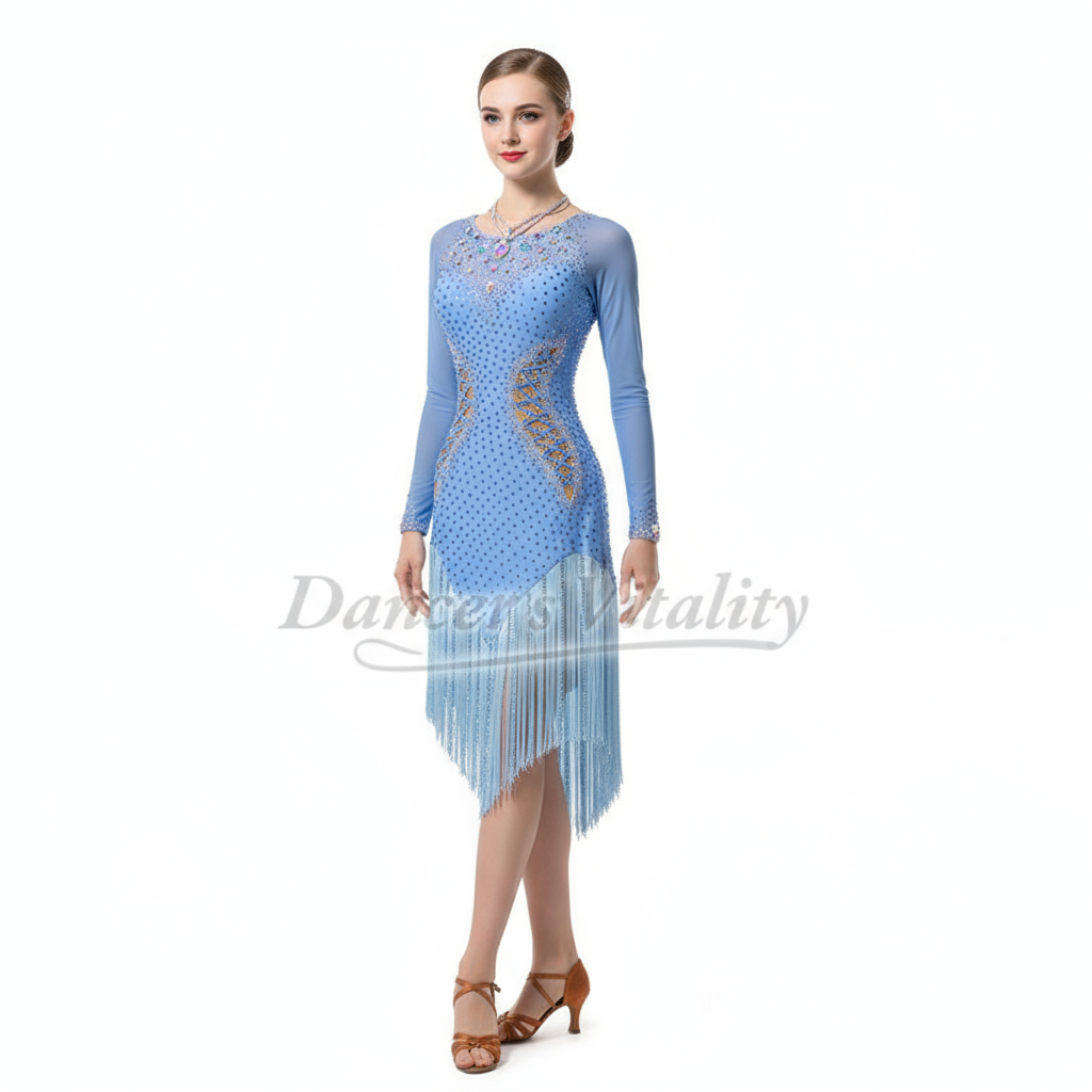 Latin Ballroom Dance Dress With AB Rhinestones, Long Sleeves And Tassels For Adults And Kids Performance