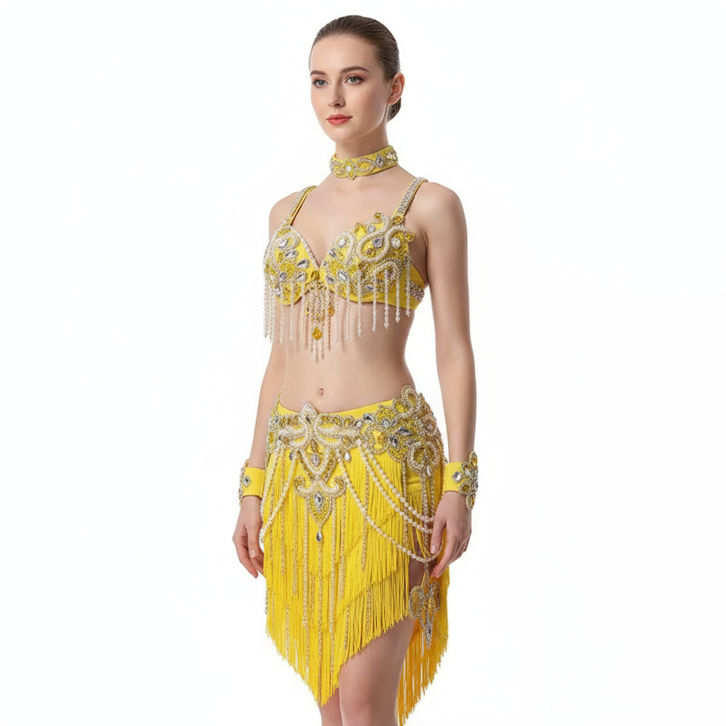 Belly Dance Costume Set With Pearl-Embellished Bra And Tassel Skirt For Adult & Kids Performance