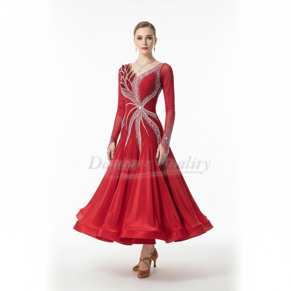 Women's Standard Ballroom Dance Dress With AB Rhinestones And Long Sleeves For Waltz Foxtrot Tango Competition