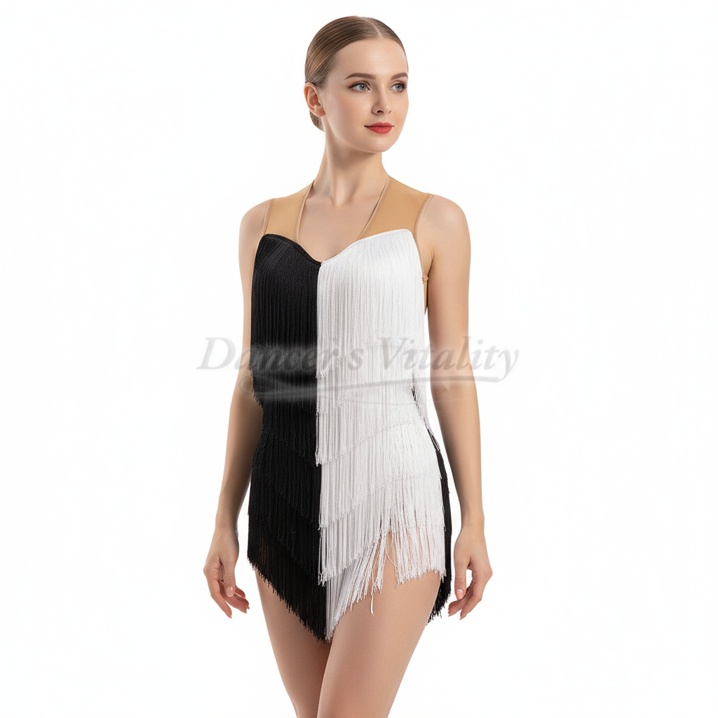 Latin Ballroom Dance Competition Dress With Tassel Fringe Black Or White For Cha Cha, Samba, Rumba, Jive