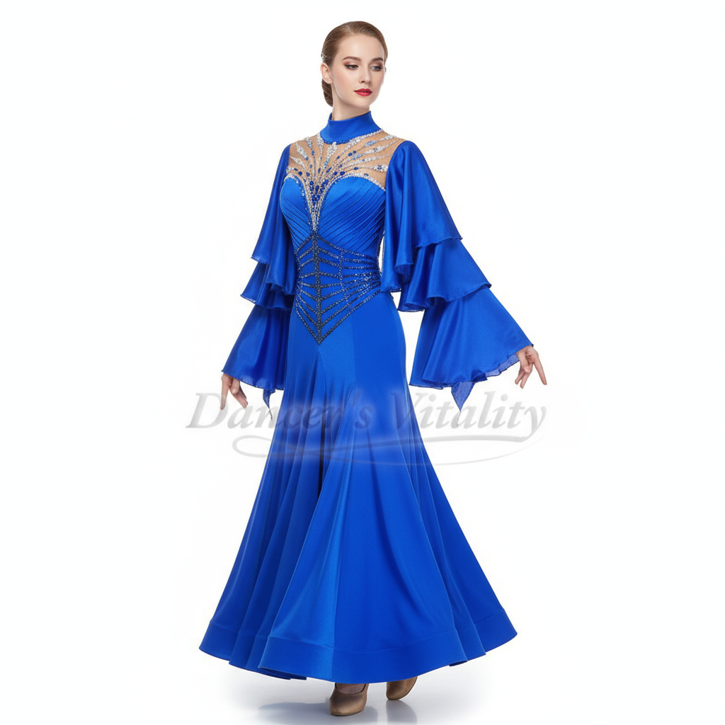 Ballroom Dance Dress Backless Flared Sleeves Velvet Blue For Adult Women Waltz Foxtrot Tango Competition